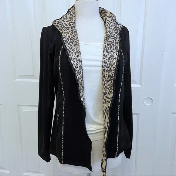 Black Zip-Up Athletic Jacket w/Leopard Trim by NEIMAN MARCUS - Picture 10 of 15